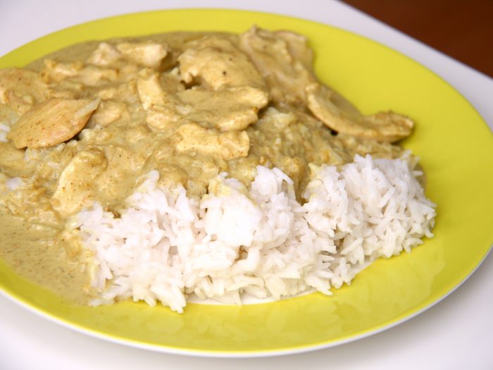 Chicken Tenderloins with curry sauce and rice