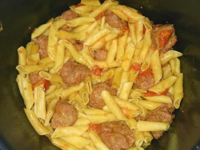 Veal meatball pasta and tomatoes
