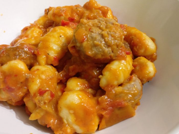 Gnocchi and meatball with peppers
