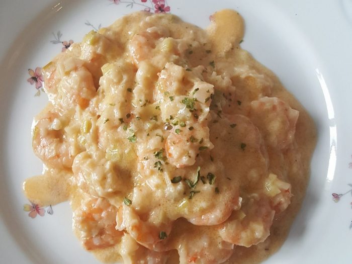 Prawns on a bed of leeks