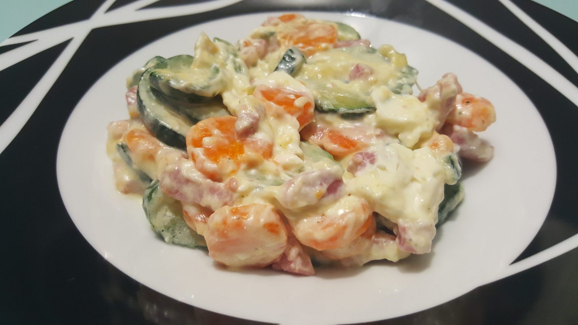 Zucchinis, carrots, bacon and soft cheese (kiri)