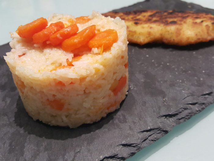 Fried flounder fillet with carrots rice