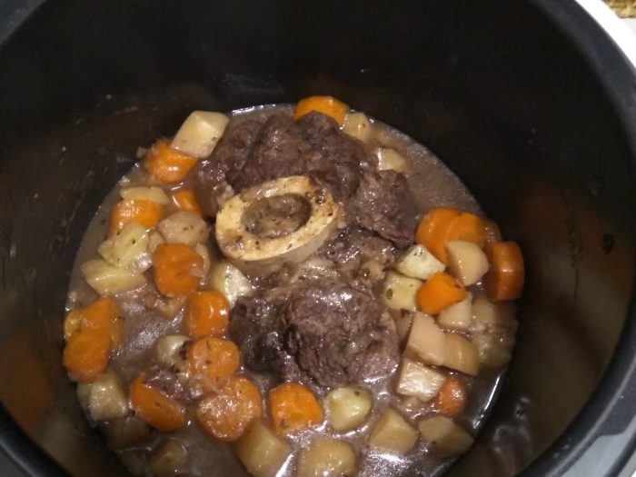 Beef shin, carrots and potatoes