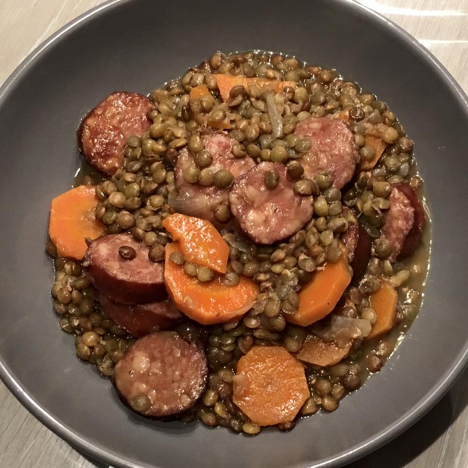 Lentils and Montbeliard and Strasbourg sausages