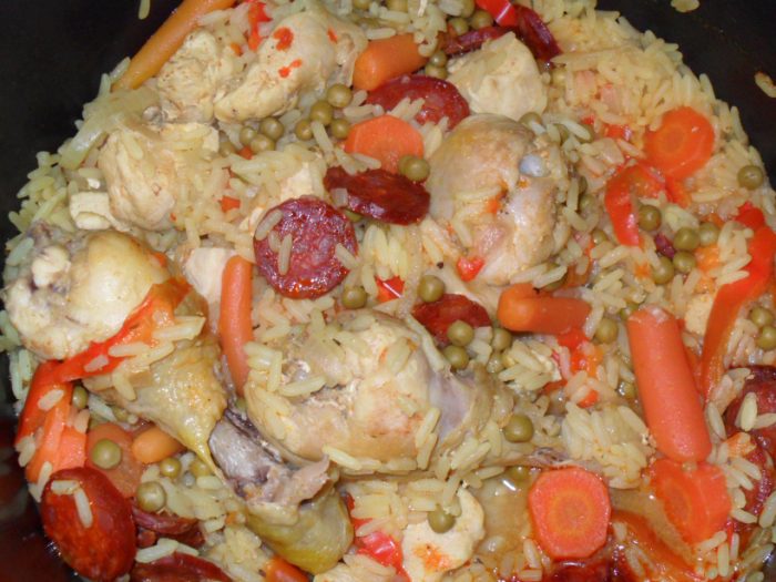 Paella with chicken and chorizo (sausage)