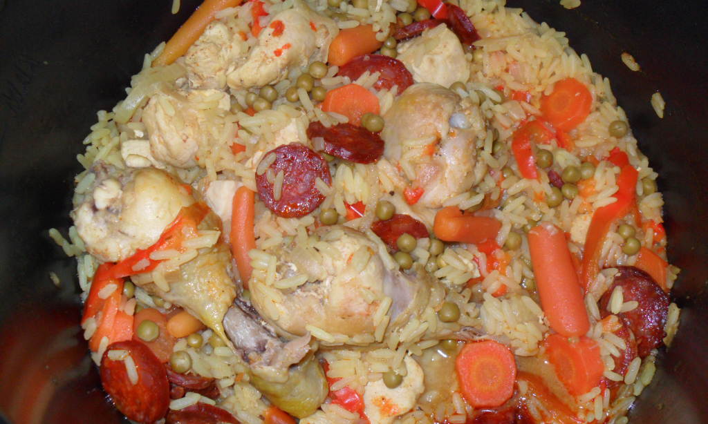 Paella with chicken and chorizo (sausage)