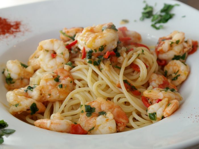 Pasta with sausages and shrimps