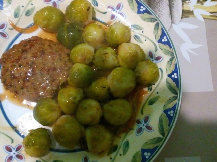 Steak with onion and parsley and Brussels sprouts