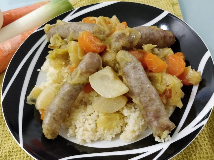 Leeks, carrots,and chipolatas like a couscous