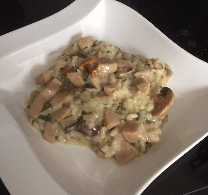 Risotto with white sausages and wild mushrooms