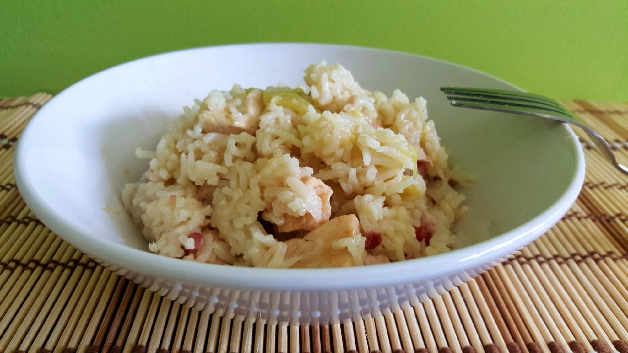 Risotto with chicken, zucchinis and bacon