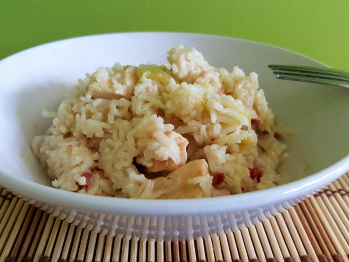 Risotto with chicken, zucchinis and bacon