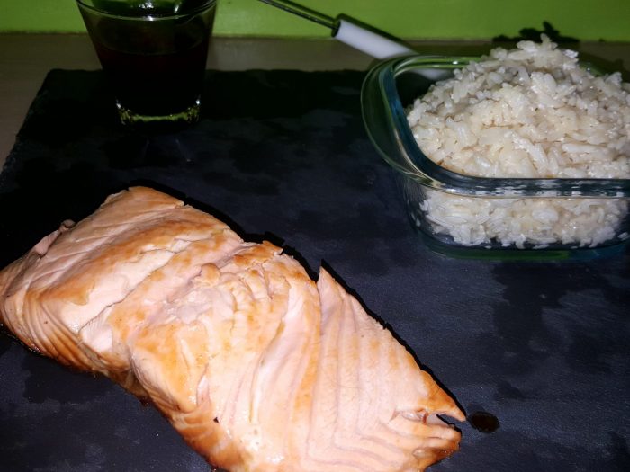 Salmon with soy, honey and coco rice